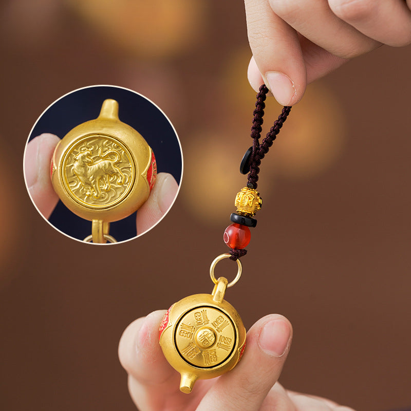 Unique Rotating Zodiac alloy Teapot Keychain with Lucky Geometric Pendant, Carry Your Fortune with You