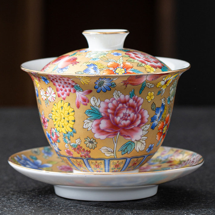 Imperial Style Cloisonné Gaiwan - Handcrafted Enamel Three-Element Tea Bowl with Gold Trim (190ml Capacity)