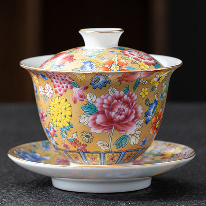 Imperial Style Cloisonné Gaiwan - Handcrafted Enamel Three-Element Tea Bowl with Gold Trim (190ml Capacity)