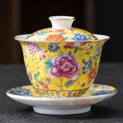 Imperial Style Cloisonné Gaiwan - Handcrafted Enamel Three-Element Tea Bowl with Gold Trim (190ml Capacity)