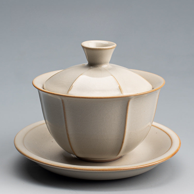 Yellow Ru Kiln Lidded Tea Bowl - Crackle Glaze Ceramic Three-Piece Set (150ml, Two Styles Available)