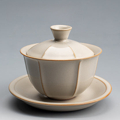 Yellow Ru Kiln Lidded Tea Bowl - Crackle Glaze Ceramic Three-Piece Set (150ml, Two Styles Available)