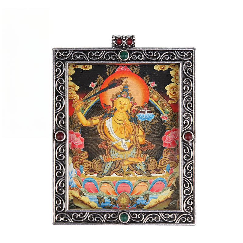 Metal Mini Thangka Box Pendant – Nepalese Wealth God, Green Tara & Four-Armed Avalokiteshvara Silver Pendant