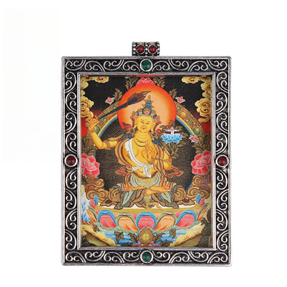 Metal Mini Thangka Box Pendant – Nepalese Wealth God, Green Tara & Four-Armed Avalokiteshvara Silver Pendant