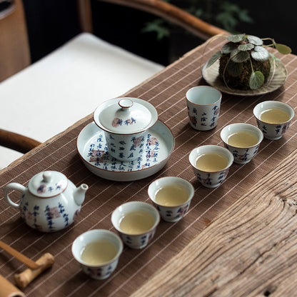 Blue & White "Orchid Pavilion" Tea Bowl - Handcrafted Ceramic Gongfu Tea Set with Tray (150ml, 9.5x9cm)