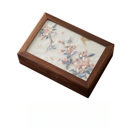 Walnut Wood Jewelry Box with Embroidered Lid - Chinese-Style Gift with Velvet Lining (23x16x6.5cm, 800g, 6 Symbolic Designs)