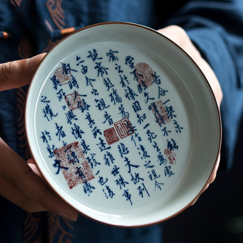 Blue & White "Orchid Pavilion" Tea Bowl - Handcrafted Ceramic Gongfu Tea Set with Tray (150ml, 9.5x9cm)