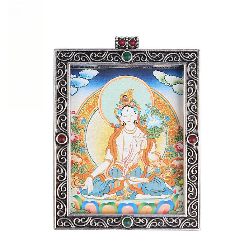 Metal Mini Thangka Box Pendant – Nepalese Wealth God, Green Tara & Four-Armed Avalokiteshvara Silver Pendant