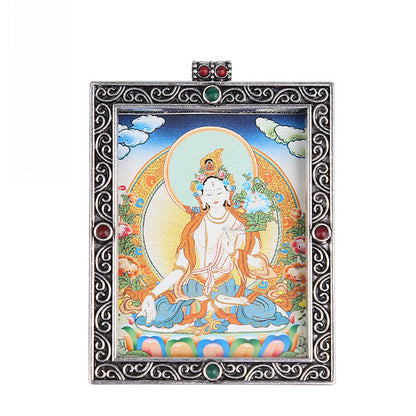 Metal Mini Thangka Box Pendant – Nepalese Wealth God, Green Tara & Four-Armed Avalokiteshvara Silver Pendant