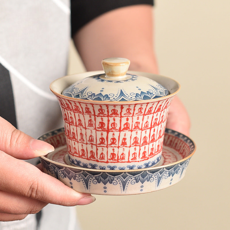 Dunhuang Style Thousand-Buddha Tea Bowl - Three-Piece Ceramic Set with Cave Art Motifs (150ml, 12x8cm)