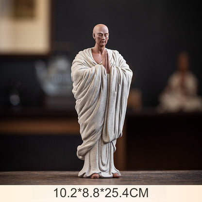 Zen Purple Clay Monk Figurines - Set of 6 Handcrafted Buddhist Statues for Tea Table & Home Decor