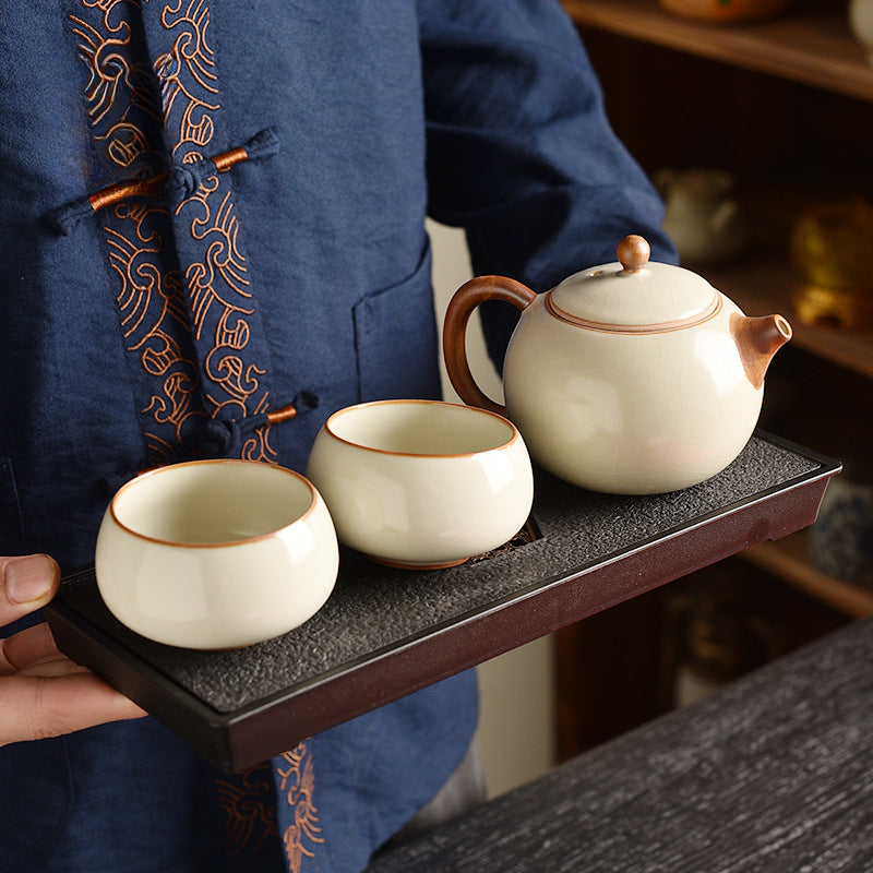 Beige Ru Kiln Tea Set - 3-Piece Gongfu Ceramic Set with Teapot & Cups (Tea Tray Included)