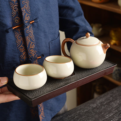 Beige Ru Kiln Tea Set - 3-Piece Gongfu Ceramic Set with Teapot & Cups (Tea Tray Included)