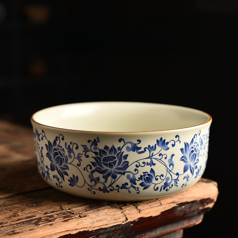 Blue & White Ru Kiln Tea Set - Interlocking Lotus Design Ceramic Gongfu Set (6-Piece)