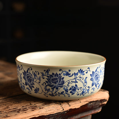 Blue & White Ru Kiln Tea Set - Interlocking Lotus Design Ceramic Gongfu Set (6-Piece)