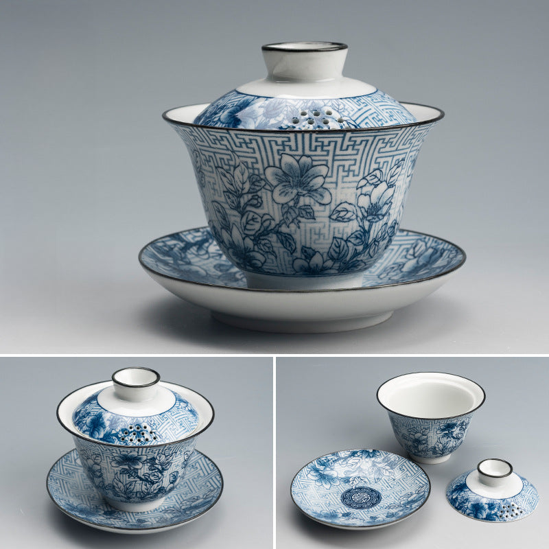 Jingdezhen Blue & White Lidded Tea Bowl - Perforated Cover Ceramic Gongfu Tea Set (170ml, 10x10cm)