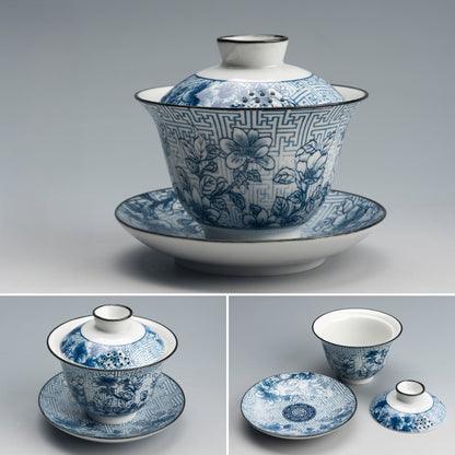 Jingdezhen Blue & White Lidded Tea Bowl - Perforated Cover Ceramic Gongfu Tea Set (170ml, 10x10cm)
