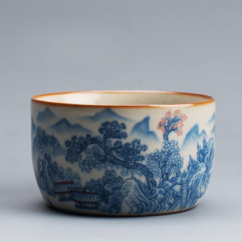 Ru Kiln Blue & White Tea Cup - Handcrafted Crackle Glaze Ceramic with Cobalt Design (Owner's Cup)