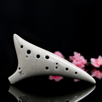 12-Hole Alto C Ocarina with Curved Tail - Hand-Painted Crackle Glaze Design (19x10x6cm, 450g) Includes Music Sheet, Neck Strap & Fabric Case