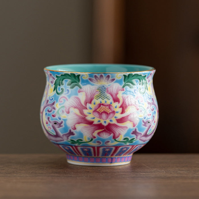 Peony Enamel Glazed Tea Master Cup - Handcrafted Retro Porcelain Tea Cup (90ml Capacity)