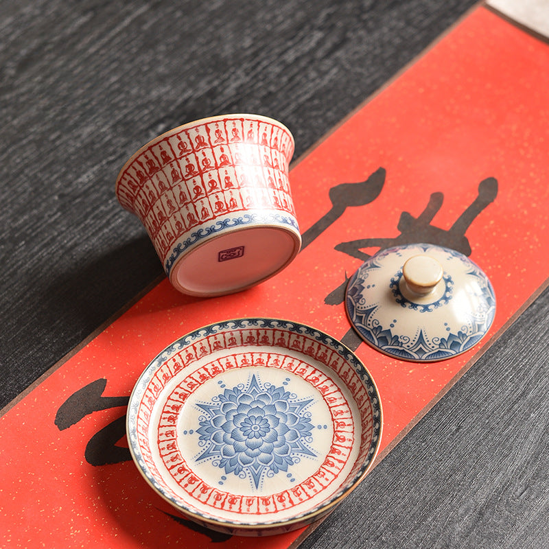 Dunhuang Style Thousand-Buddha Tea Bowl - Three-Piece Ceramic Set with Cave Art Motifs (150ml, 12x8cm)