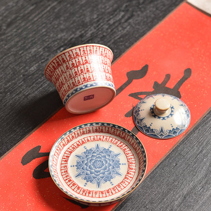 Dunhuang Style Thousand-Buddha Tea Bowl - Three-Piece Ceramic Set with Cave Art Motifs (150ml, 12x8cm)