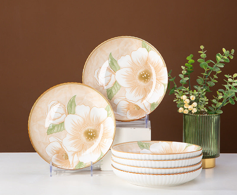 Camellia Ceramic Dinnerware Set - Japanese Style Tableware (11.8cm Rice Bowl, 20.3cm Plate, 23cm Chopsticks)