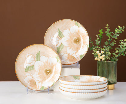 Camellia Ceramic Dinnerware Set - Japanese Style Tableware (11.8cm Rice Bowl, 20.3cm Plate, 23cm Chopsticks)