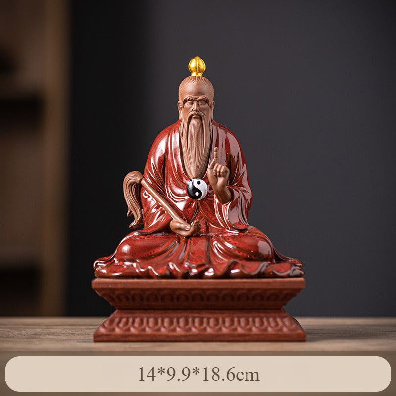 Chinese Ceramic Laozi Statue – Taoist Deity Figurine with Gourd & Horsetail Whisk, Handcrafted Home Altar Decor (13.7x9.2x14.6cm)