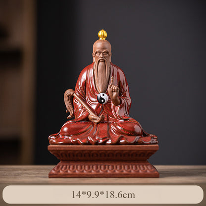 Chinese Ceramic Laozi Statue – Taoist Deity Figurine with Gourd & Horsetail Whisk, Handcrafted Home Altar Decor (13.7x9.2x14.6cm)