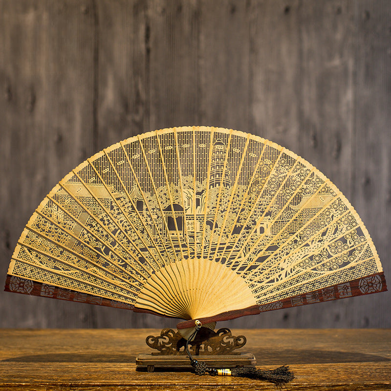 Handcrafted 7 Inch Burmese Wood Folding Fan - Traditional Suzhou Sandalwood Artistry