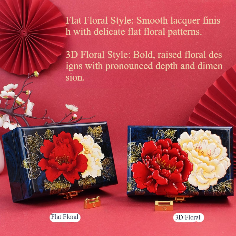 Artisan Lacquer Jewelry Box - Handcrafted Chinese Heritage Piece in Solid Wood, Vintage Floral Storage Case