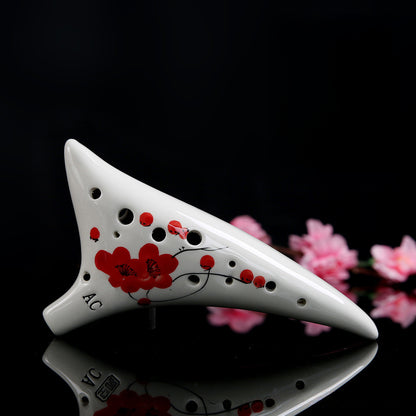 12-Hole Alto C Ocarina with Curved Tail - Hand-Painted Crackle Glaze Design (19x10x6cm, 450g) Includes Music Sheet, Neck Strap & Fabric Case