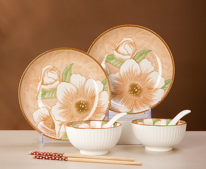 Camellia Ceramic Dinnerware Set - Japanese Style Tableware (11.8cm Rice Bowl, 20.3cm Plate, 23cm Chopsticks)
