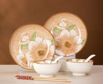 Camellia Ceramic Dinnerware Set - Japanese Style Tableware (11.8cm Rice Bowl, 20.3cm Plate, 23cm Chopsticks)