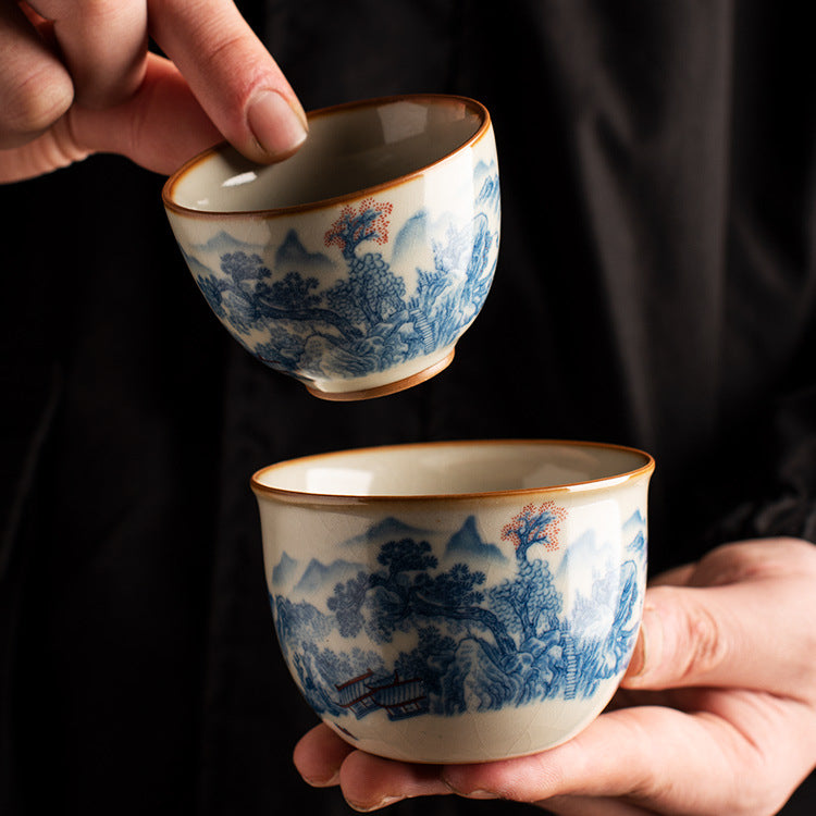 Ru Kiln Blue & White Tea Cup - Handcrafted Crackle Glaze Ceramic with Cobalt Design (Owner's Cup)