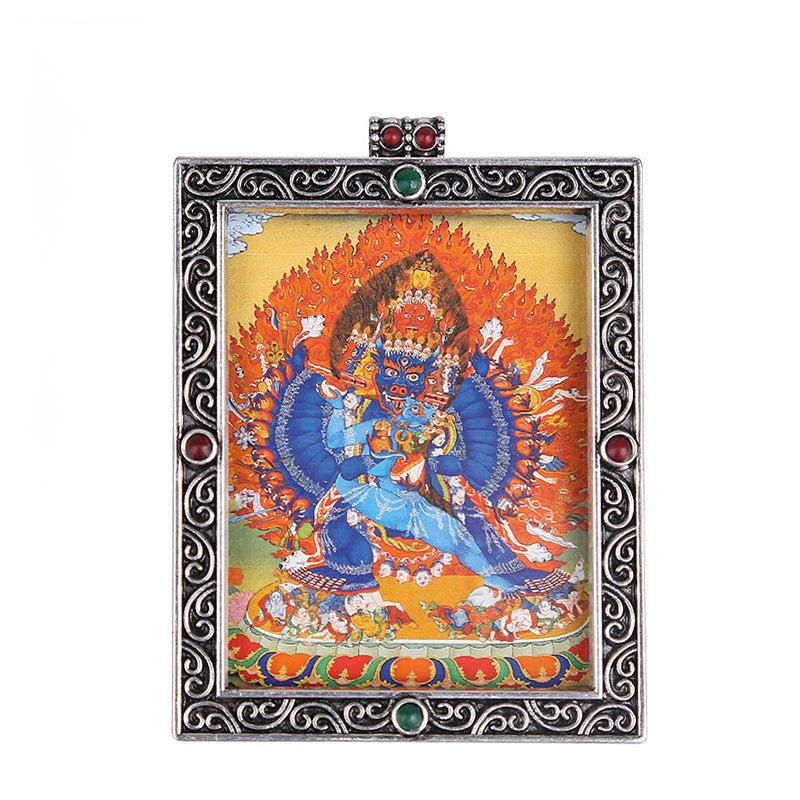 Metal Mini Thangka Box Pendant – Nepalese Wealth God, Green Tara & Four-Armed Avalokiteshvara Silver Pendant