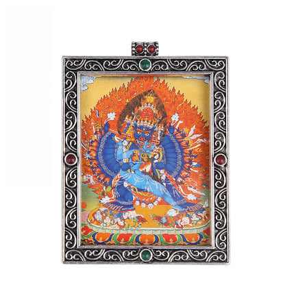 Metal Mini Thangka Box Pendant – Nepalese Wealth God, Green Tara & Four-Armed Avalokiteshvara Silver Pendant