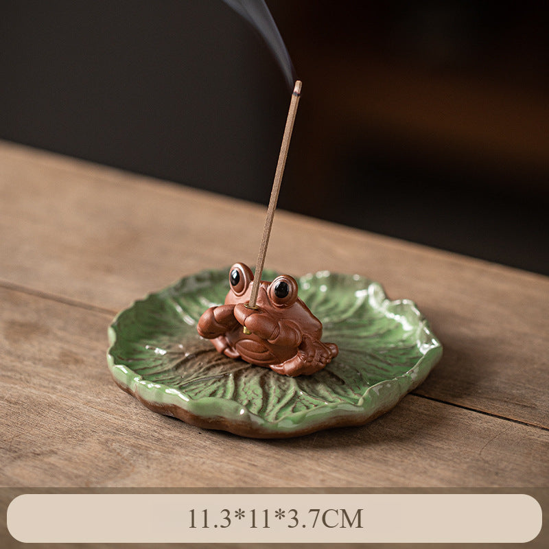 Ceramic Frog Incense Holder with Lotus Leaf Base - Cute Home Decor for Sticks Incense, Tea Table & Meditation (Handcrafted)