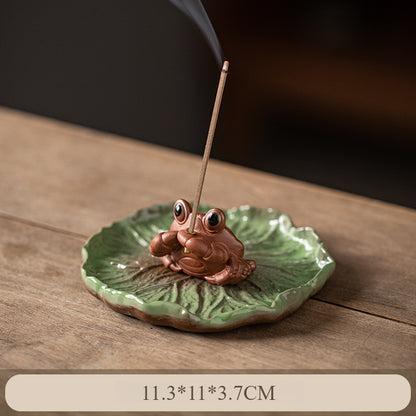 Ceramic Frog Incense Holder with Lotus Leaf Base - Cute Home Decor for Sticks Incense, Tea Table & Meditation (Handcrafted)