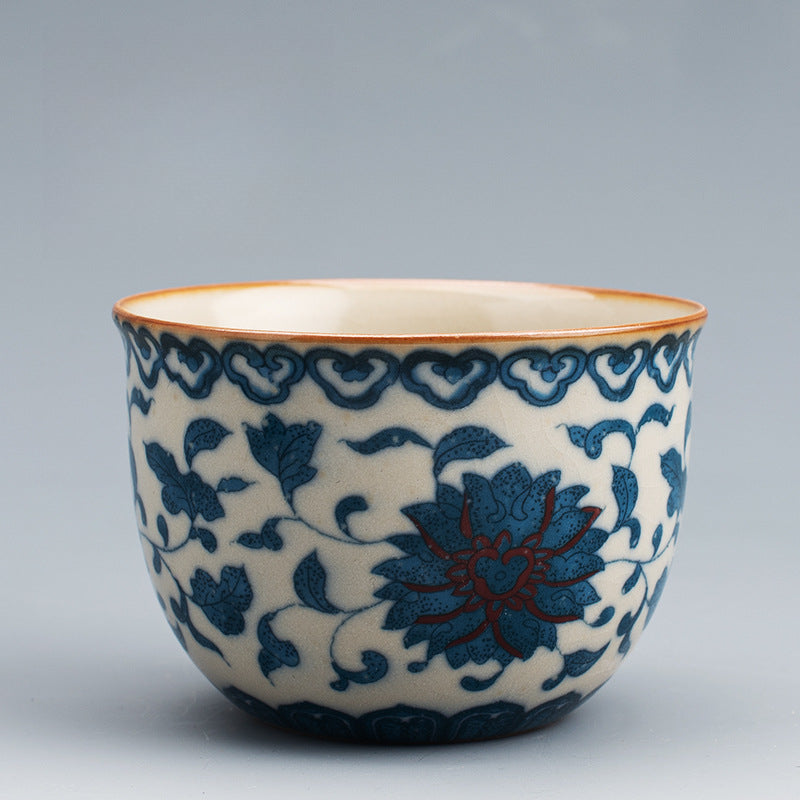 Ru Kiln Blue & White Tea Cup - Handcrafted Crackle Glaze Ceramic with Cobalt Design (Owner's Cup)