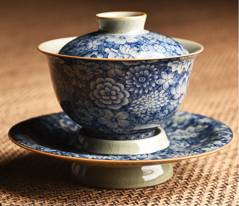 Antique Ru Kiln Blue & White Lidded Tea Bowl - Handcrafted Three-Piece Set (150ml, Two Sizes Available)