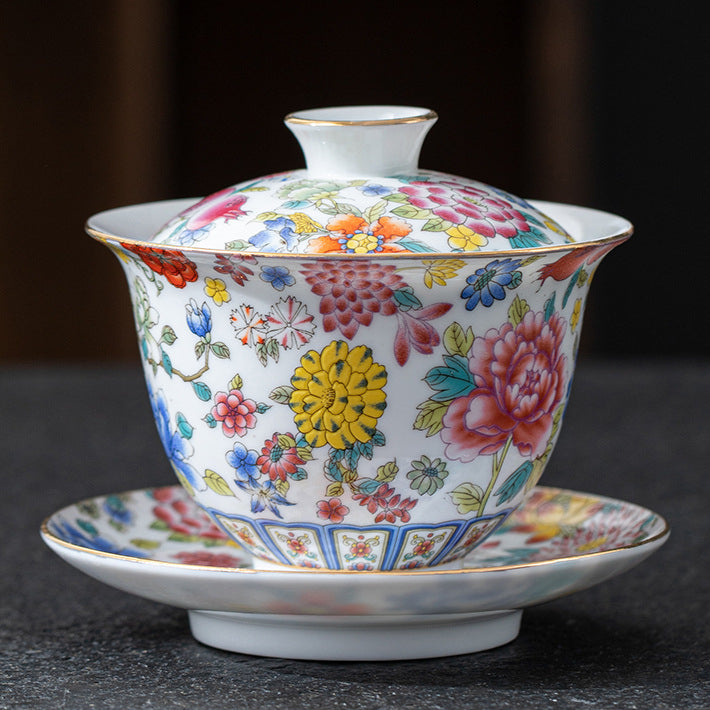 Imperial Style Cloisonné Gaiwan - Handcrafted Enamel Three-Element Tea Bowl with Gold Trim (190ml Capacity)