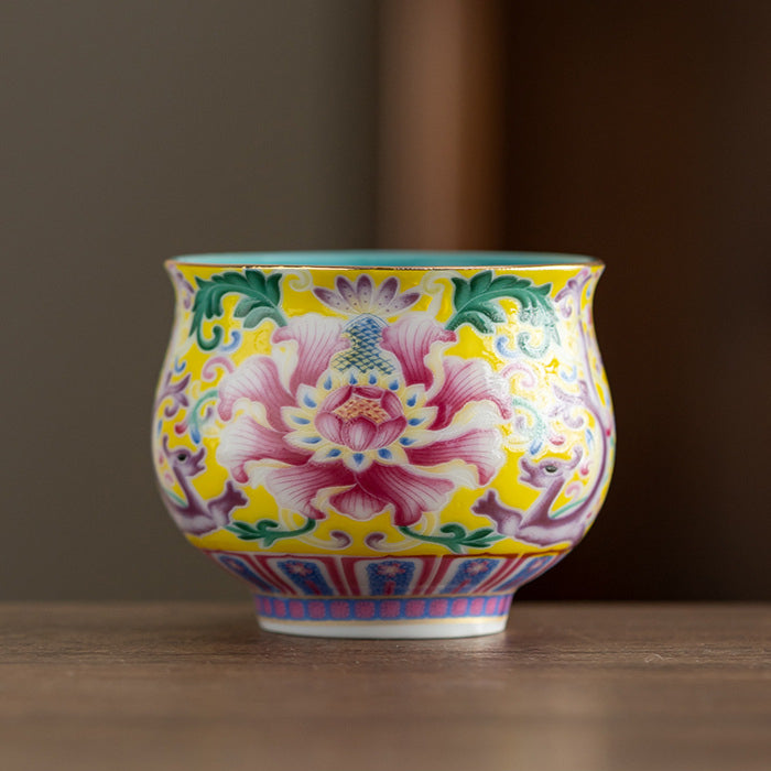 Peony Enamel Glazed Tea Master Cup - Handcrafted Retro Porcelain Tea Cup (90ml Capacity)