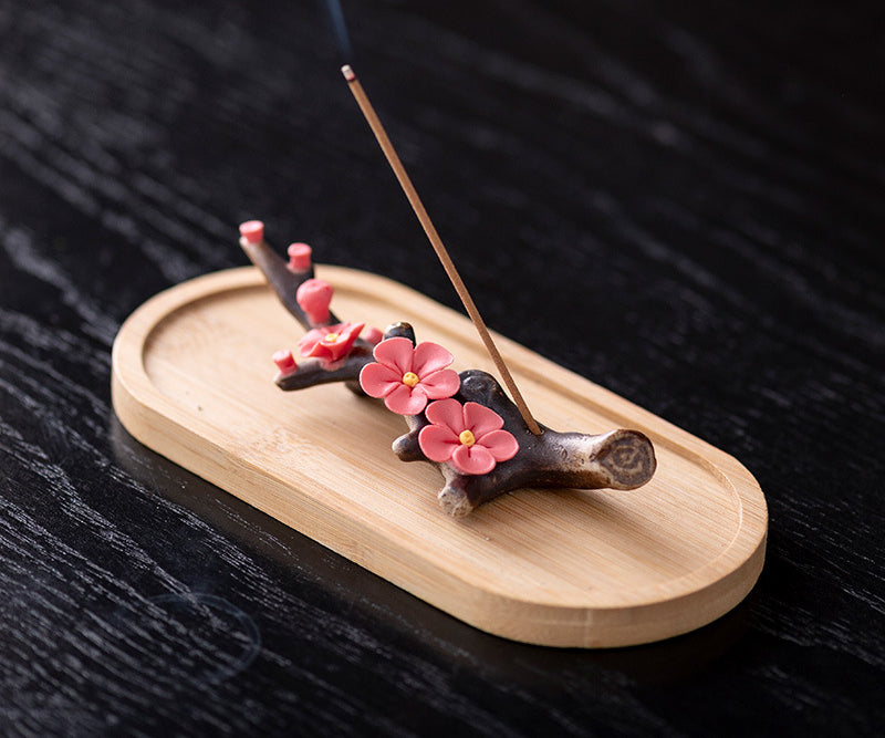 Ceramic Peach Blossom Incense Holder with Wooden Base - Handcrafted Zen Desk Decor (11.5x3x2cm, 2mm Hole)