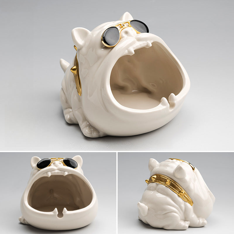 Cartoon Dog Ashtray - Ceramic Windproof Ash Holder with Storage (14.5x11.5x9.5cm)