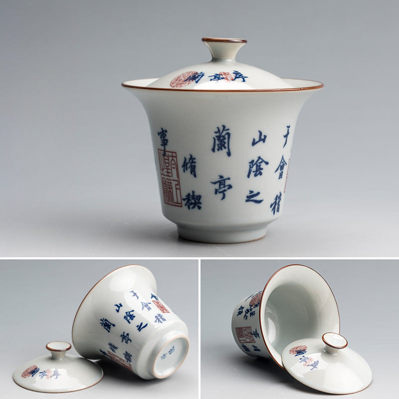 Blue & White "Orchid Pavilion" Tea Bowl - Handcrafted Ceramic Gongfu Tea Set with Tray (150ml, 9.5x9cm)