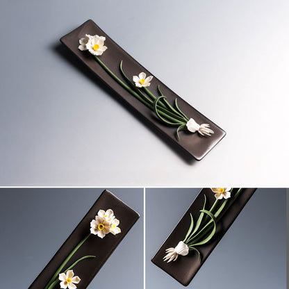 Handmade Floral Ceramic Incense Holder – Home Zen Aromatherapy Burner for Sticks (Includes Free Sandalwood)