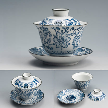 Jingdezhen Blue & White Lidded Tea Bowl - Perforated Cover Ceramic Gongfu Tea Set (170ml, 10x10cm)