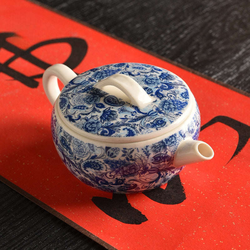 Plant Ash Glaze Hanwa Teapot - Small Ceramic Gongfu Teapot with Blue & White Design (140ml, 12.5x5.5cm)